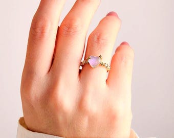 Moonstone Heart Ring with Star Accents | Romantic Celestial Gold Tone Ring for Her | Dainty Adjustable Jewelry Gift | Minimal Love Ring