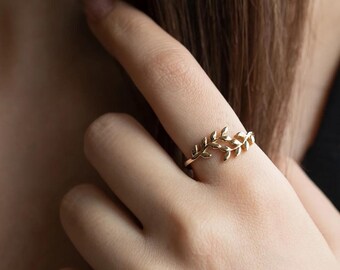 14K Gold Leaf Ring - Adjustable Olive Branch Ring, Nature-Inspired Dainty Gold Ring, Minimalist Botanical Jewelry, Gift for Her