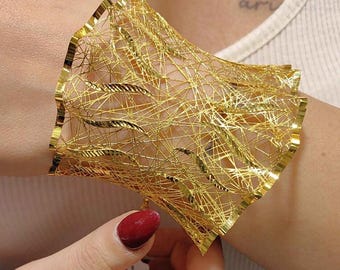 Statement Gold Bracelet for Women - Wide Filigree Mesh Openwork Cuff Bangle - Unique Lightweight Anniversary Gift Jewelry