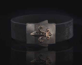 Fleur De Lis Bracelet with Real Black Diamonds – Handmade Silver Luxury Bangle – Symbol of Royalty, Strength and Style