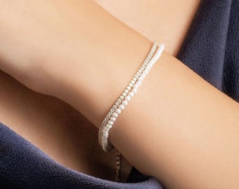Pearl & Lab-Grown Diamond Tennis Bracelet - 18K Gold Plated 925 Silver - 0.80CT Adjustable Elegant Jewelry - Bridal Gift for Women