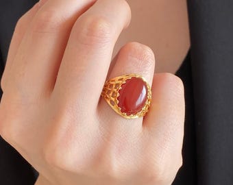 14K Gold Carnelian Ring – Handmade Carnelian Ring Gold, Filigree Ring, Agate Gemstone Statement Ring, Large Boho Carnelian Ring