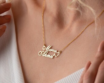 Couples Name Necklace, Two Names with Heart, 925 Sterling Silver, 14k Gold, Personalized Love Jewelry
