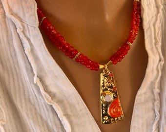Handmade Red Agate Gemstone Necklace with Gold Spiral Pendant, Spiritual Life Cycle Jewelry, Bohemian Statement Necklace for Women