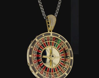 Gold Roulette Wheel Necklace – Casino Spinner Pendant for Men – Gambler Jewelry, Lucky Charm, Vegas Style Necklace, Poker Gift
