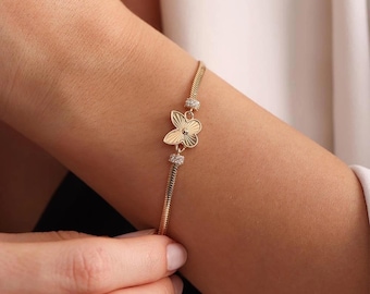 14K Gold Butterfly Bracelet - Delicate Gold Chain Bracelet, Dainty Adjustable Bracelet for Women, Minimalist Jewelry Gift