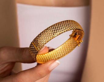 14K Gold Woven Cuff Bracelet | 16g Real Solid Gold Mesh Bangle | Turkish Handcrafted Heavy Gold Bracelet | Woven Gold Jewelry Gift