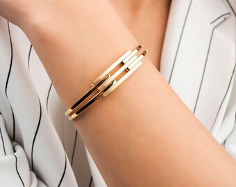 8K Solid Gold Rib Cuff Bracelet | Modern Minimalist Gold Bangle for Women | Lightweight Elegant Gold Arm Jewelry | Turkish Design