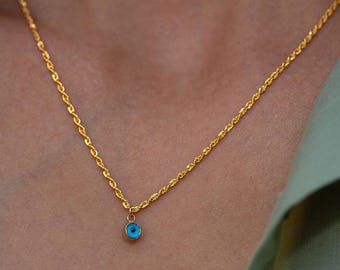14K Gold Evil Eye Pendant Necklace - Rope Chain Minimalist Jewelry - Protection Charm Necklace - Gift for Women