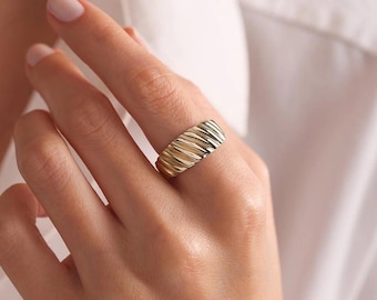 14K Twisted Dome Gold Ring, Wide Band Statement Ring, Chunky Gold Band, Textured Gold Ring, Minimalist Jewelry, Gift for Her