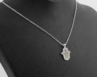 Silver Hamsa Hand Pendant Necklace, Zircon Crystal Good Luck Charm, Dainty Spiritual Jewelry, Protective Necklace