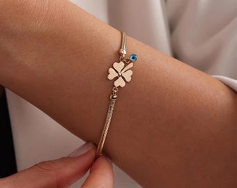 14K Solid Gold Four-Leaf Clover Bracelet with Evil Eye Charm – Herringbone Chain, Elegant Lucky Jewelry, Adjustable Gold Bracelet, Handmade