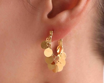 14K Gold Dangle Hoop Earrings, Statement Hoops, Romantic Gift for Her, Valentine’s Day Gold Jewelry, Handmade Lightweight Earrings for Women