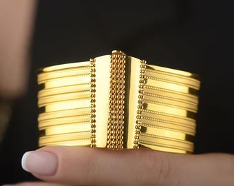 22K Solid Gold Wide Cuff Bracelet, Handmade Hasir Mesh Design Bangle, Luxury Bridal Gift, Turkish 22 Karat Gold Jewelry