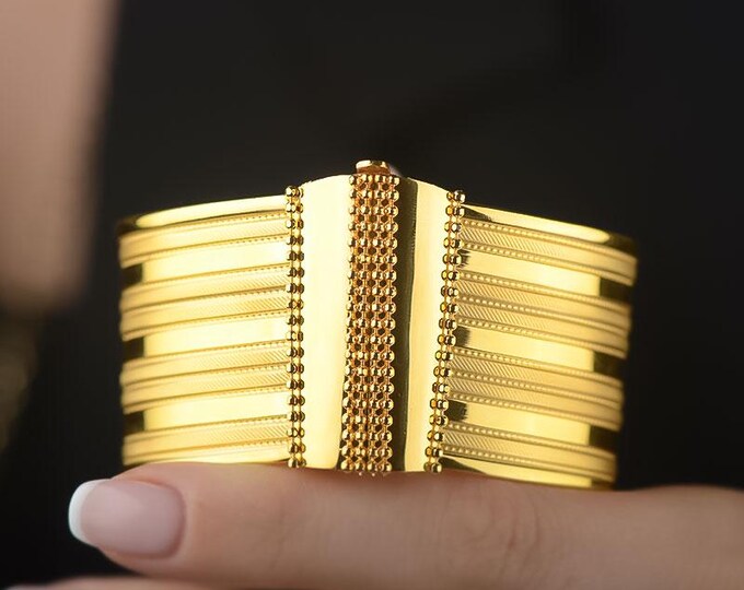 Featured listing image: 22K Solid Gold Wide Cuff Bracelet, Handmade Hasir Mesh Design Bangle, Luxury Bridal Gift, Turkish 22 Karat Gold Jewelry