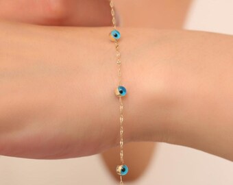14K Gold Evil Eye Bracelet – Delicate Blue Beaded Charm for Protection