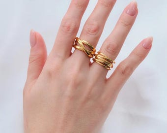 Gold Plated Adjustable Ring Set – 2 Piece Minimalist Open Rings, Chunky & Multi-Band Stackable Rings, Modern Statement Jewelry for Women