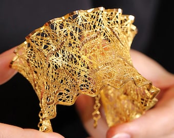 14K Gold Lace Filigree Cuff Bracelet, Handmade Statement Jewelry, Elegant Wide Gold Bracelet, Unique Luxury Gift for Women