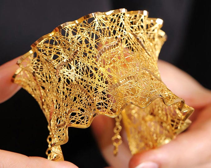 Featured listing image: 14K Gold Lace Filigree Cuff Bracelet, Handmade Statement Jewelry, Elegant Wide Gold Bracelet, Unique Luxury Gift for Women
