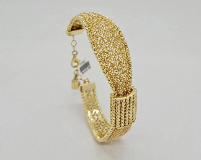 Featured listing image: Elegant 14K Solid Gold Woven Mesh Cuff Bracelet – Textured Adjustable Bangle for Women, Luxury Statement Jewelry