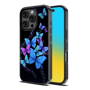 May include: A black phone case with a design of blue and purple butterflies on a black background. The case has a clear back and a black frame.