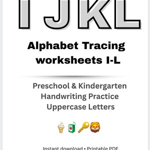 Op de afbeelding: Wit printbaar werkblad met de hoofdletters I, J, K en L in een vetgedrukte, omlijnde letter. De tekst "Alphabet Tracing worksheets I-L" wordt weergegeven, samen met "Preschool & Kindergarten Handwriting Practice Uppercase Letters".