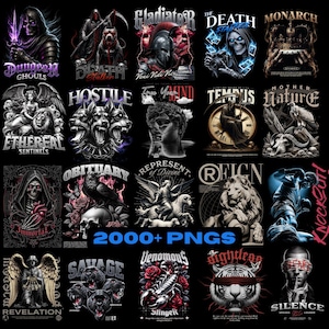May include: A collection of 20 graphic designs featuring various dark and edgy themes. The designs include skulls, animals, and mythical creatures. The designs are in black and white, with some featuring red, blue, and green accents. The designs are perfect for t-shirts, hoodies, and other apparel.