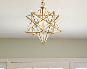 Moravian Star Pendant Light - Handmade Brass Star Ceiling Lamp for Entryway or Kitchen Island