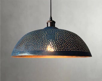 Blue Patina Copper Pendant Light for Kitchen Island, Handmade Farmhouse Ceiling Lamp