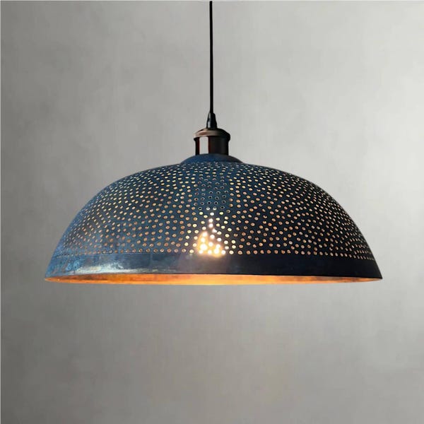Blue Patina Copper Pendant Light for Kitchen Island, Handmade Farmhouse Ceiling Lamp