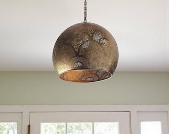 Bronze Hanging Lamp Globe Shape, Hand-Perforated Brass Pendant Light in Moroccan Style
