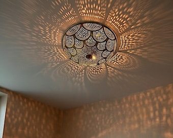 Handmade Moroccan Brass Flush Mount Ceiling Light, Round Ceiling Lampshade