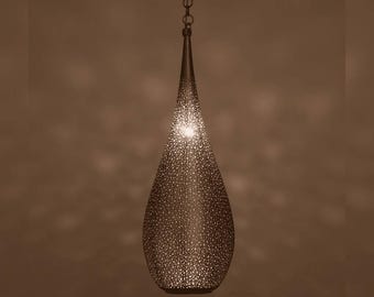 Handmade Teardrop Pendant Light, Moroccan Hanging Brass Lamp with Chain