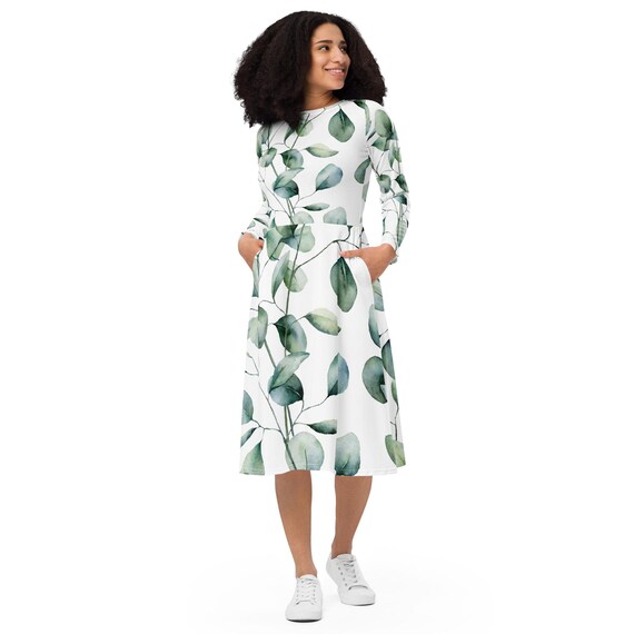 Botanical Breeze: Long Sleeve Leaf Print Midi Dress