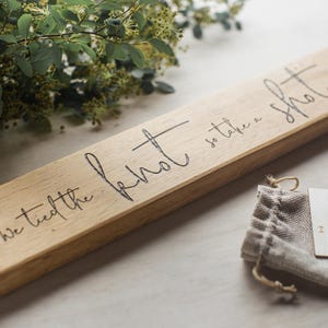Handmade Rustic Shot Ski, &quot;Tied the Knot&quot; 2-Hole Custom Engraved Shot Ski for Weddings, Bachelor or Bachelorette Parties w Shot Glasses.