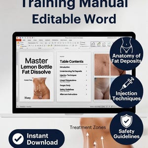 Puede incluir: Un manual de formación digital para Lemon Bottle Fat Dissolve en la pantalla de un portátil. El documento incluye secciones sobre anatomía, técnicas de inyección, seguridad y cuidados posteriores. Texto: 'Instant Download' y 'Update Anytime'.