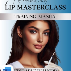 Op de afbeelding: Een trainingshandleiding voor een geavanceerde lip masterclass. De omslag toont een vrouw met bruin haar op een lichtblauwe achtergrond. De handleiding is bewerkbaar in Word en bevat de tekst "Leer van de beste in de branche".