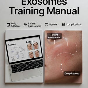 Può includere: Un manuale di formazione sugli esosomi che mostra un computer portatile con protocolli scientifici e immagini del viso, accanto a una foto in primo piano di una guancia con frecce che indicano aree etichettate come Patient Assessment e Complications.