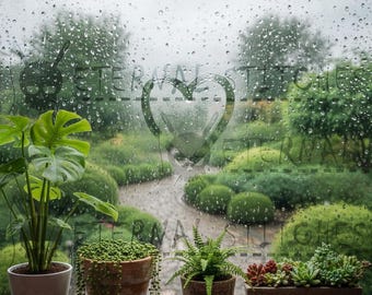 Pode incluir: Uma vista de um jardim exuberante em um dia chuvoso através de uma janela. Várias plantas em vasos, incluindo uma Monstera, estão em uma soleira de madeira. A janela tem um design em forma de coração e o texto "ETERNAL STITCHES".