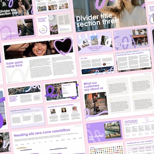 May include: A pink and purple brochure with a variety of headings and text. The brochure features images of people and cityscapes. The text includes the words "Divider title", "section one", "section three", "section four", "section five", "section six", "Volor asimi voluptions", "Heading ells rera cone voloristibus", "Heading Borlat ut ea voler", "What our customers say about us", and "Presentation title goes here".