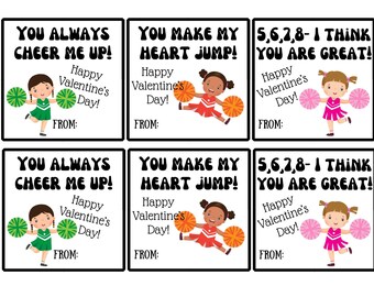 CHEER Valentine's day cards, Cheerleader gift tag, Cheerlead goody bag, Classroom valentines cards, cheer gift bag, girl printable valentine