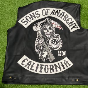 Mens biker SOA Vest Sons of Anarchy Vest in Black Blue Patches Leather Vest for Men MC club Leather Vest Personalized  gift for him