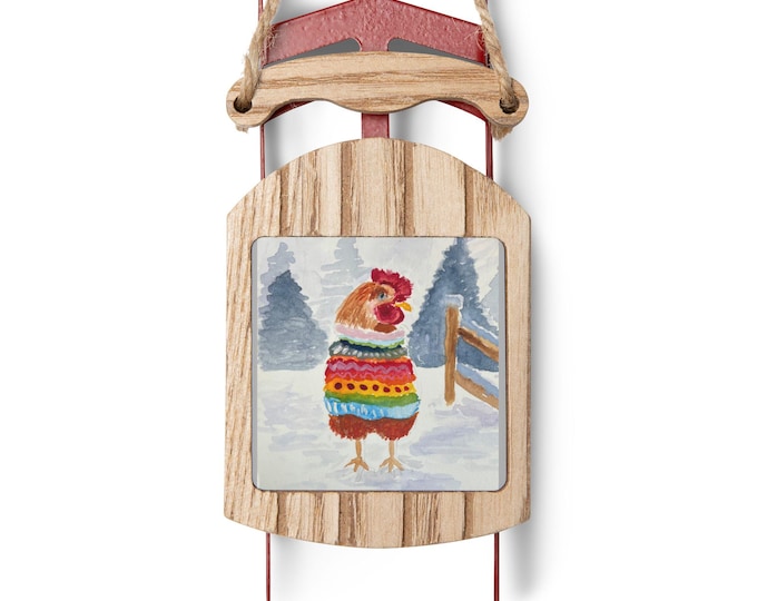Watercolor Hen in Sweater Sled Ornament