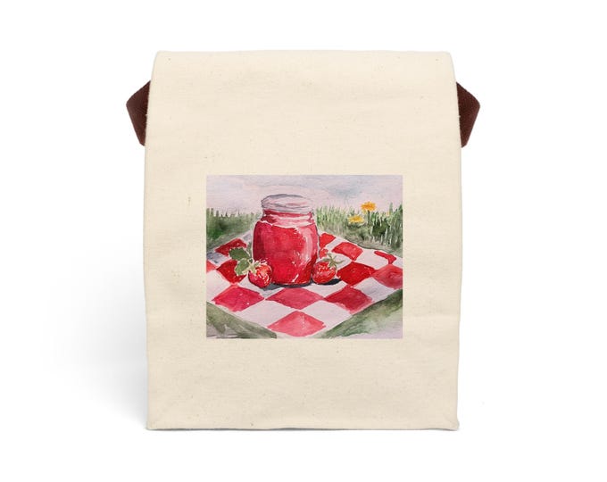 Watercolor Strawberry Jam Canvas Lunch Bag - Eco-Friendly Picnic Sack