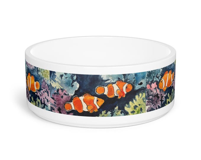 Watercolor Clown Fish Pet Bowl: Colorful Ceramic Feeding Dish
