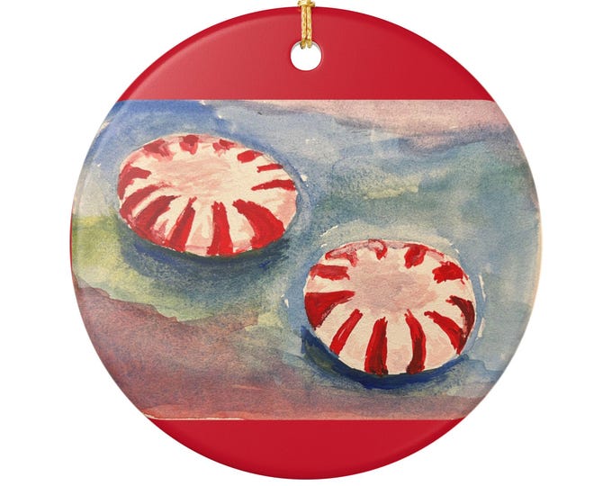 Peppermint Candy Watercolor Ceramic Ornament | Round Christmas Decoration
