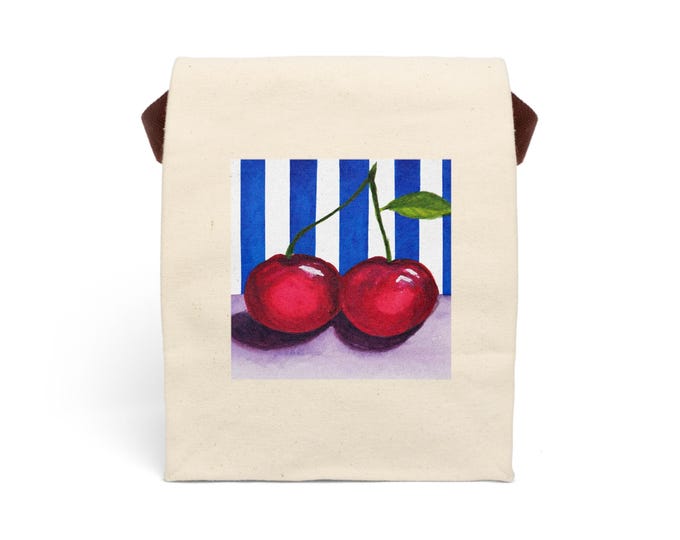 Canvas Cherry Lunch Bag, Watercolor Fruit Tote, Retro Stripes, Eco Friendly Sack