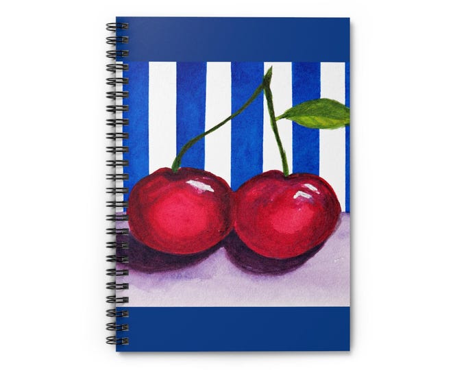 Cherry Watercolor Notebook, Retro Blue Stripe Journal, Artist Stationery, 6" x 8"