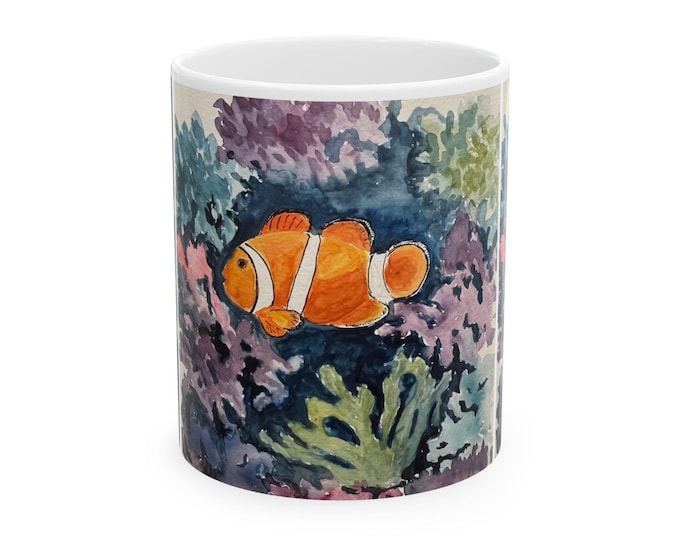 Watercolor Clownfish Ceramic Mug: Tropical Ocean Art