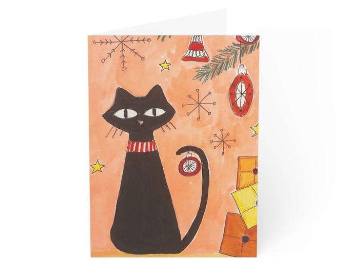 Mid-Century Black Cat Holiday Greeting Cards | Holiday Card Set